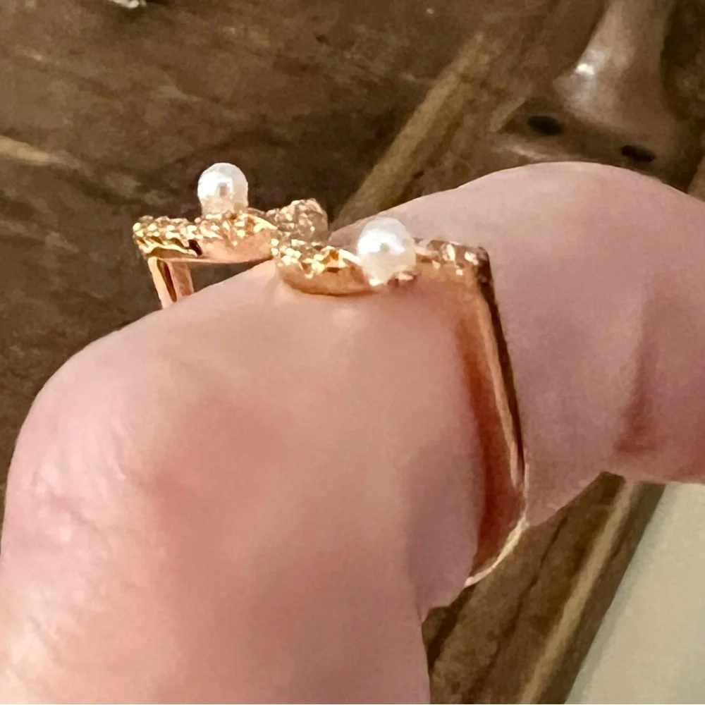 🟠NWT PRETTY BIRD Tarnish Proof Rose Gold/Rhinestone/Pearl Adjustable Ring